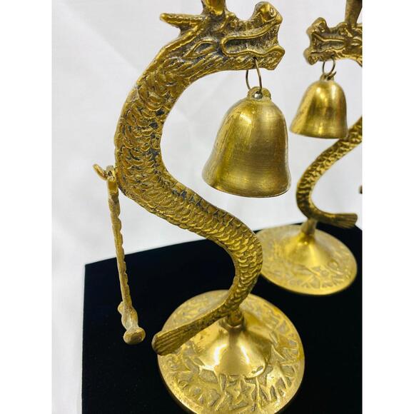 Pair of MCM Brass Dragon Candlesticks with Bell & Mallet: Asian Serpent Decor - Picture 8 of 9